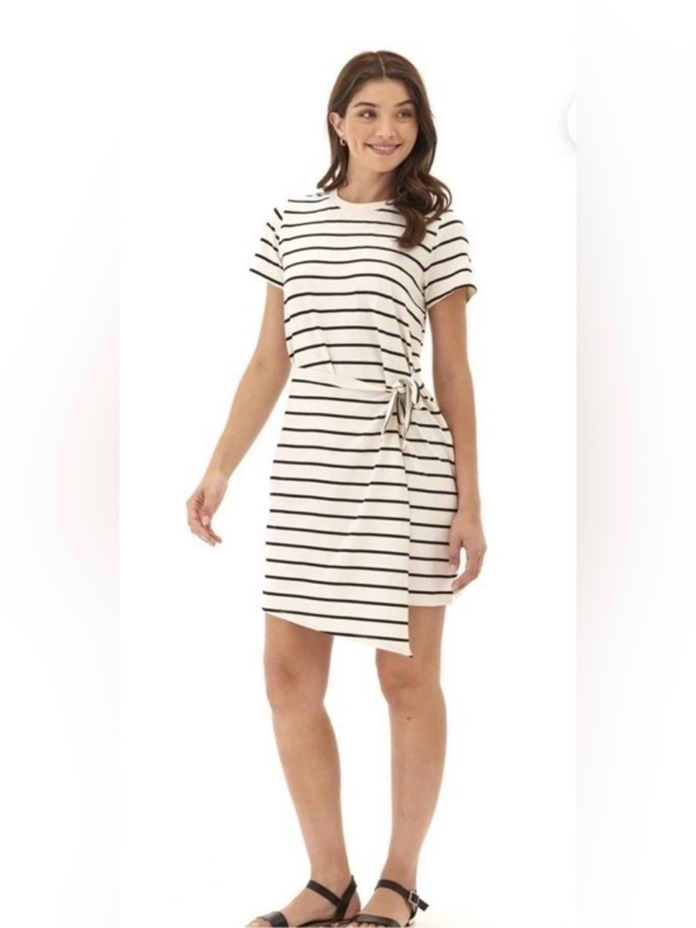 Threads 4 Thought Cream and Black Striped Tie-Waist Tee Mini Dress